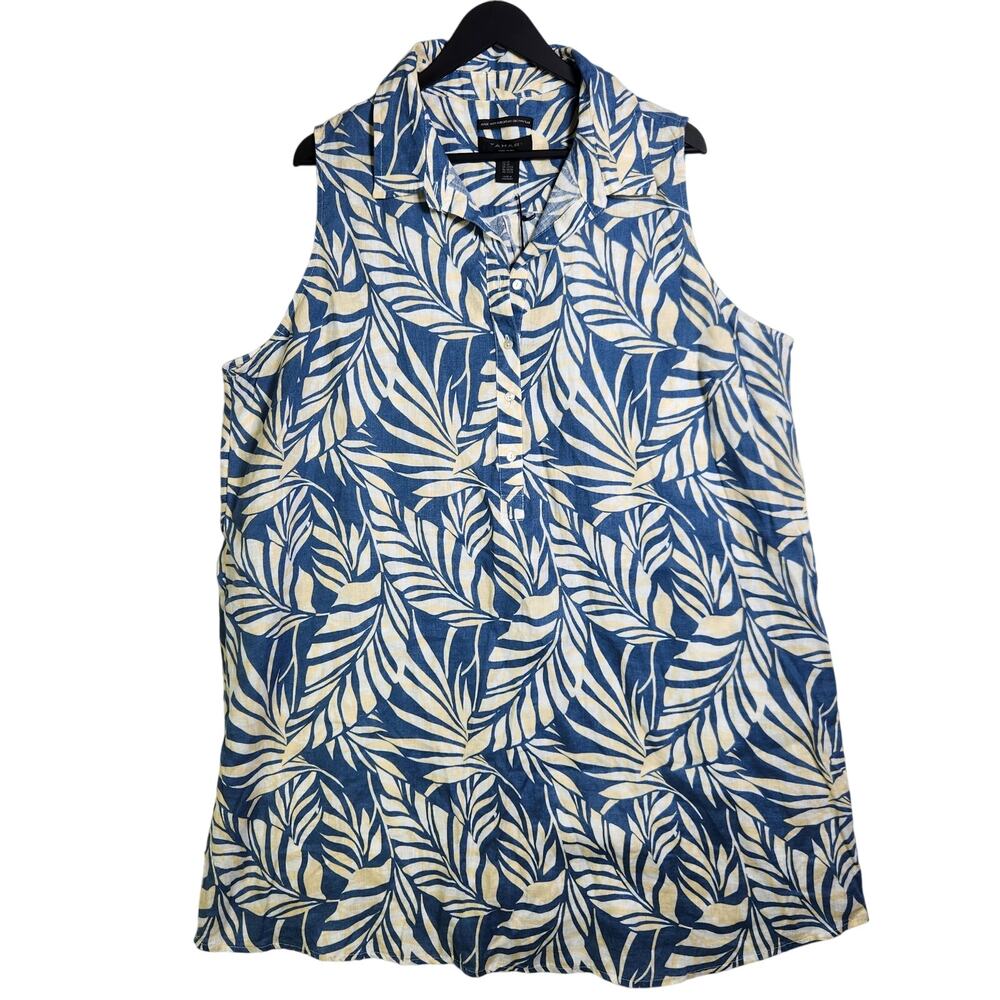 Tahari 100% Linen Sleeveless Shift Dress Plus 2X Tropical Resort Lagenlook NEW